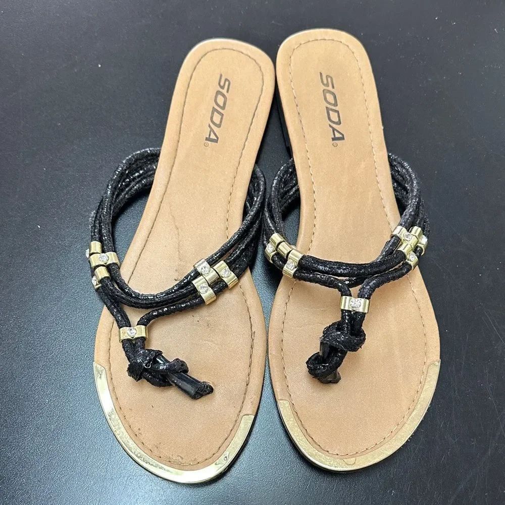 Soda Black Braided T-Strap Sandals with Gold Accents